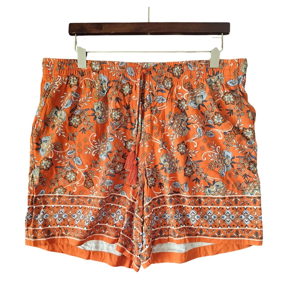 J Jill Size L Petite Floral Print Shorts Orange‎ Blue Boho Drawstring w/ Pockets